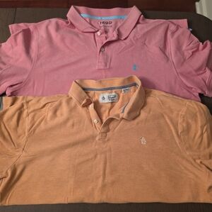 2 Mens XXL Polos. An orange Penguin And A Light Red/Pinkish Izod Stretch Polo.